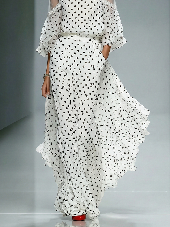 Dámské bílé šifonové šaty s puntíky, průsvitnými nafouklými rukávy s odhalenými rameny, nadčasový retro elegantní styl