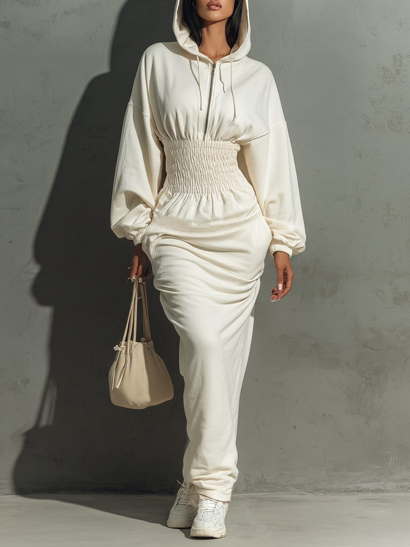 Vestido maxi de sudadera con capucha y fruncido en la cintura minimalista para mujer