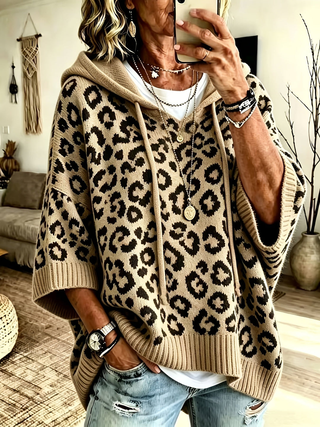 Comfortable Leopard Print Oversized Hoodie for Women with Hooded Neck Batwing Sleeve Drawstring Knit Style