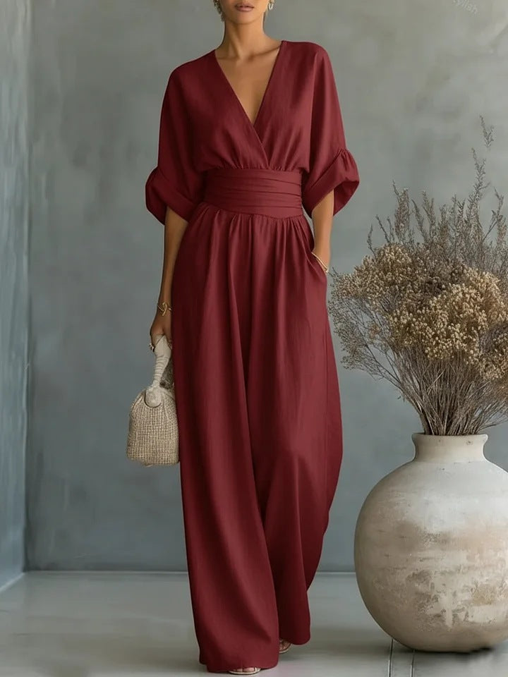 Elegant Wrap Jumpsuit for Women – Long Wide Leg Maxi Jumpsuit, Dressy One Piece Outfit for Summer and Evening