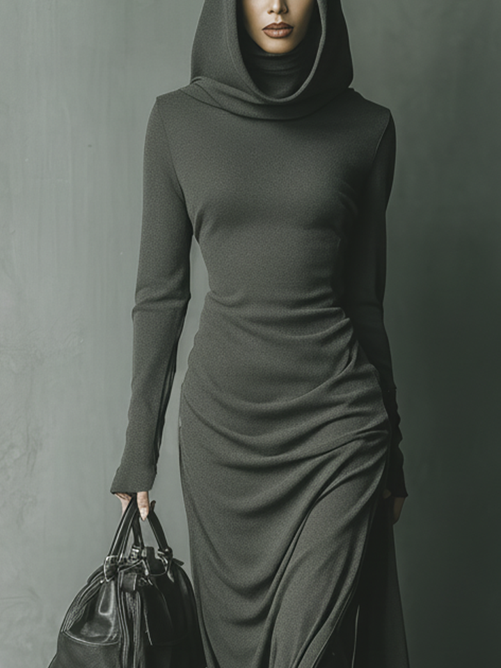 Women's Dark Grey High Elastic Knitted Hooded Maxi Dress