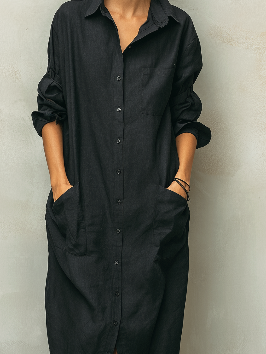 Vestido camisero de manga larga de mezcla de algodón y lino negro informal para mujer