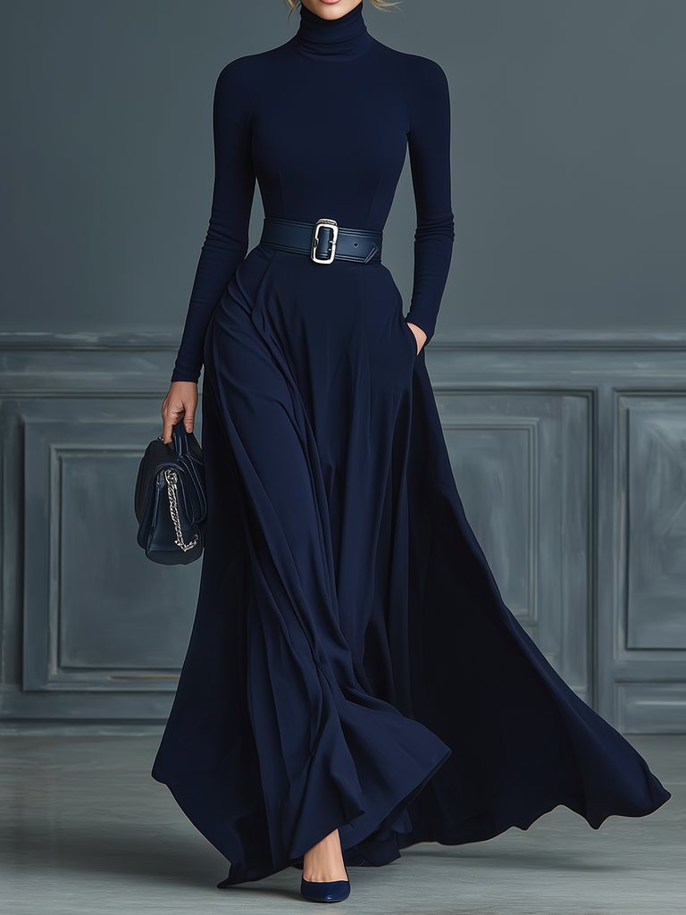 Damen Dunkelblaues Strickkleid mit Stehkragen