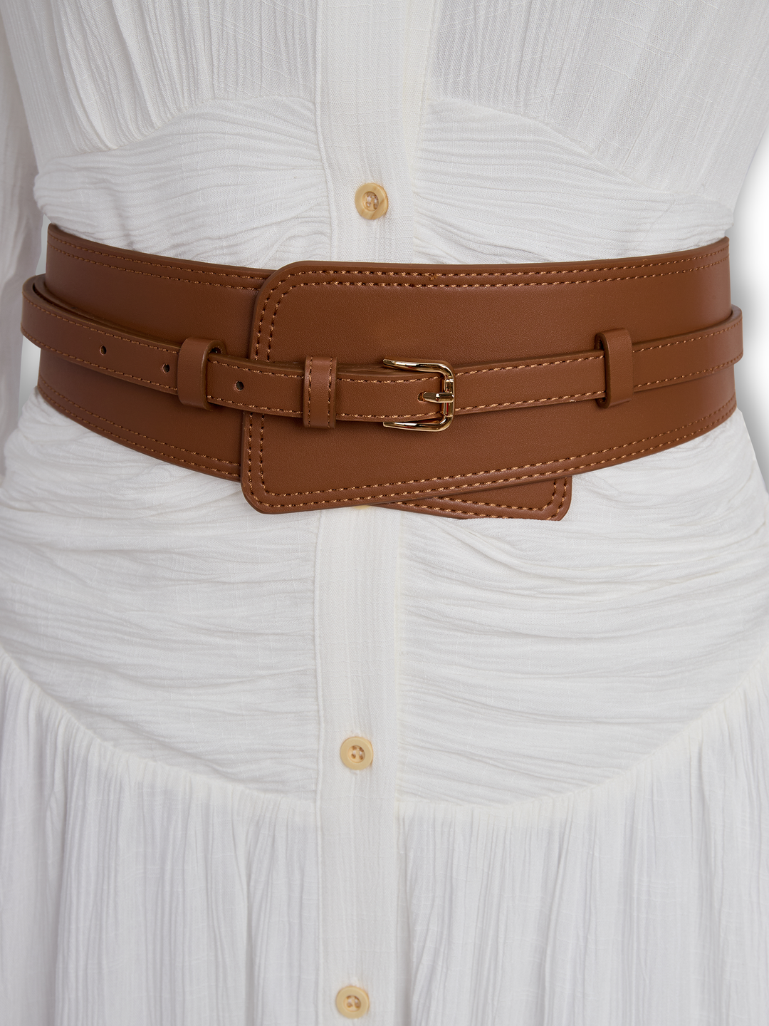 Maxivestido Plisado de Solapa con Botones y Manga Larga de Imitación Algodón y Lino para Mujer