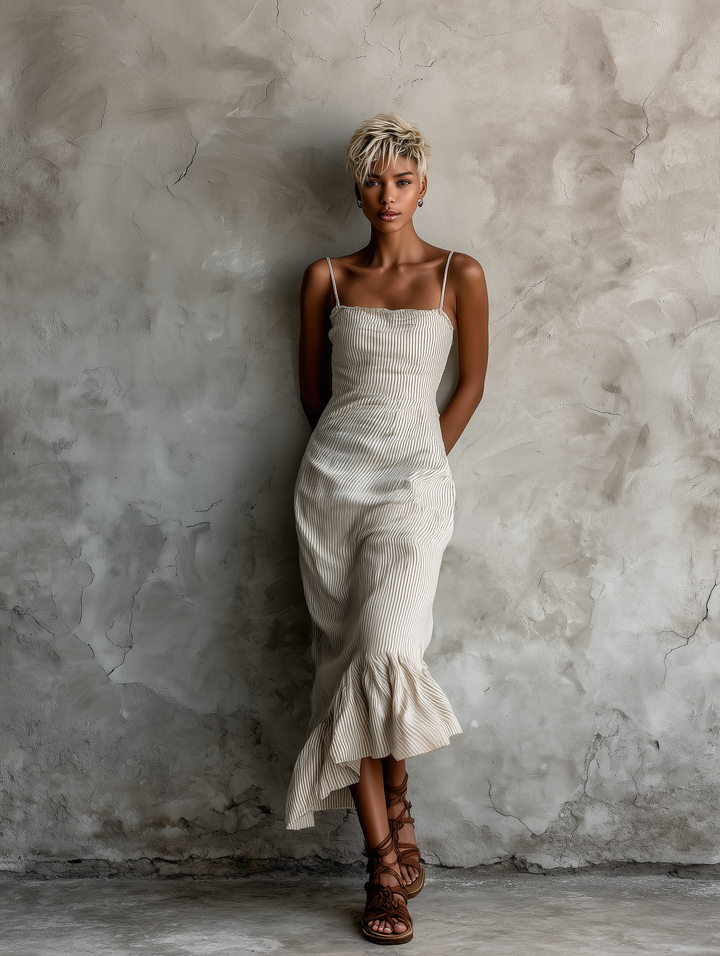 Maxivestido de tirantes finos con rayas beige, bajo asimétrico con volantes para mujer