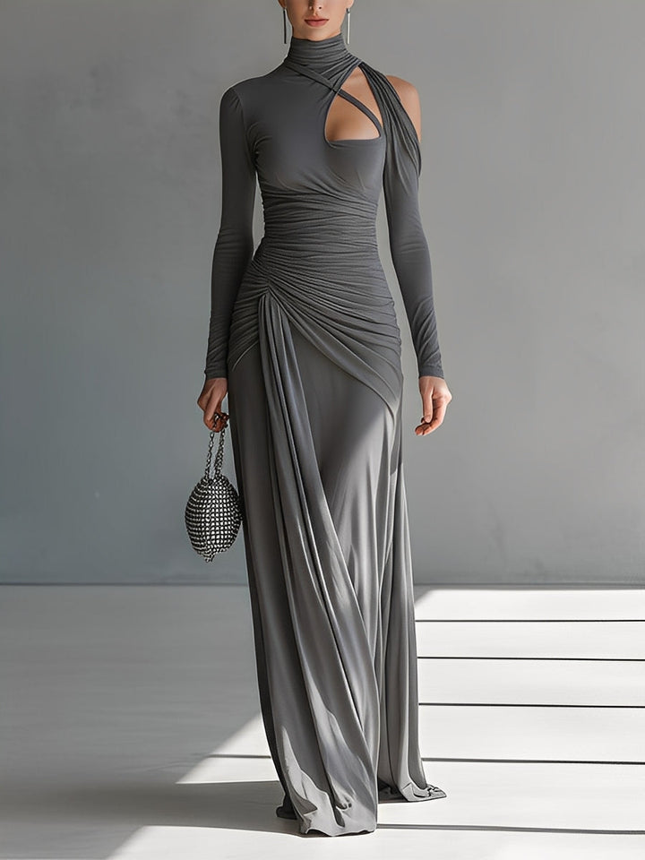 Damen Graues seidiges Stretch anspruchsvolles gerafftes Cut-Out Maxikleid MDA0546K6I