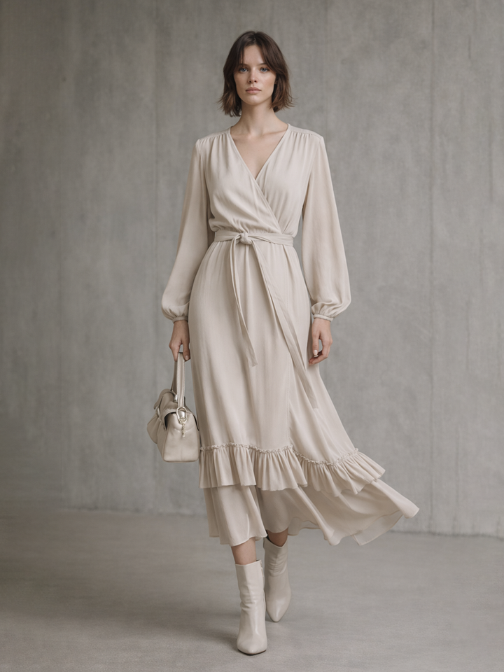 Damen Beiges Baumwollmisch-Midikleid mit langen Ärmeln, Rüschen und Wickeloptik