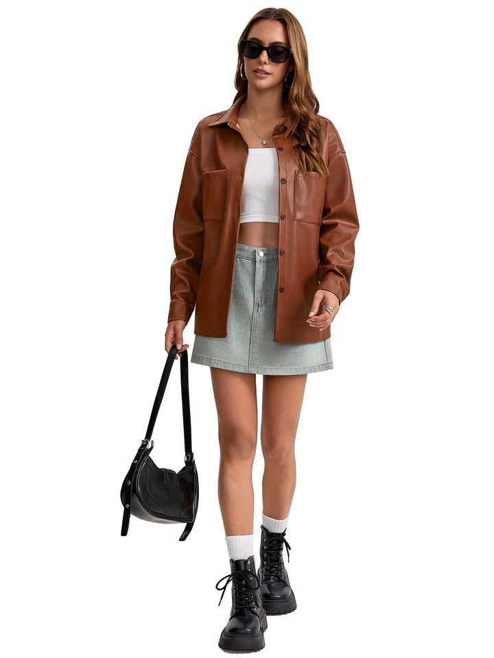 Effortless Leather Jacket for Women with Button Front Collared Oversized Shacket Style