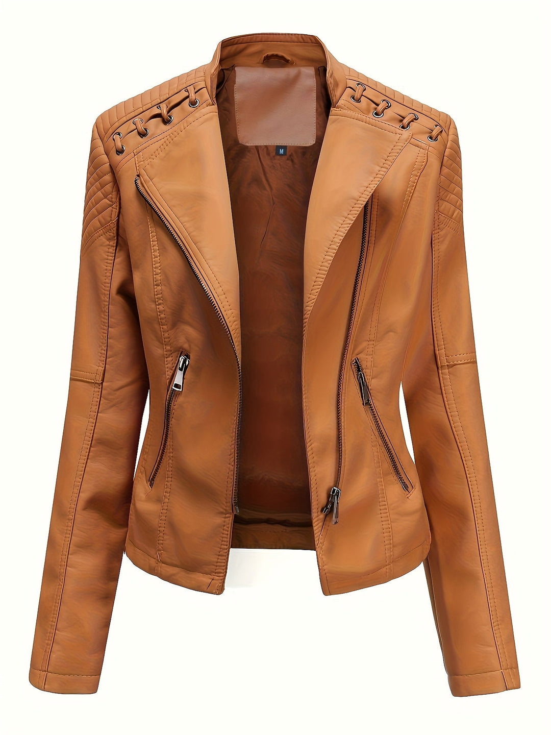 Elegant Leather Moto Jacket for Women with Notch Lapel Zip Front Studded Shoulder