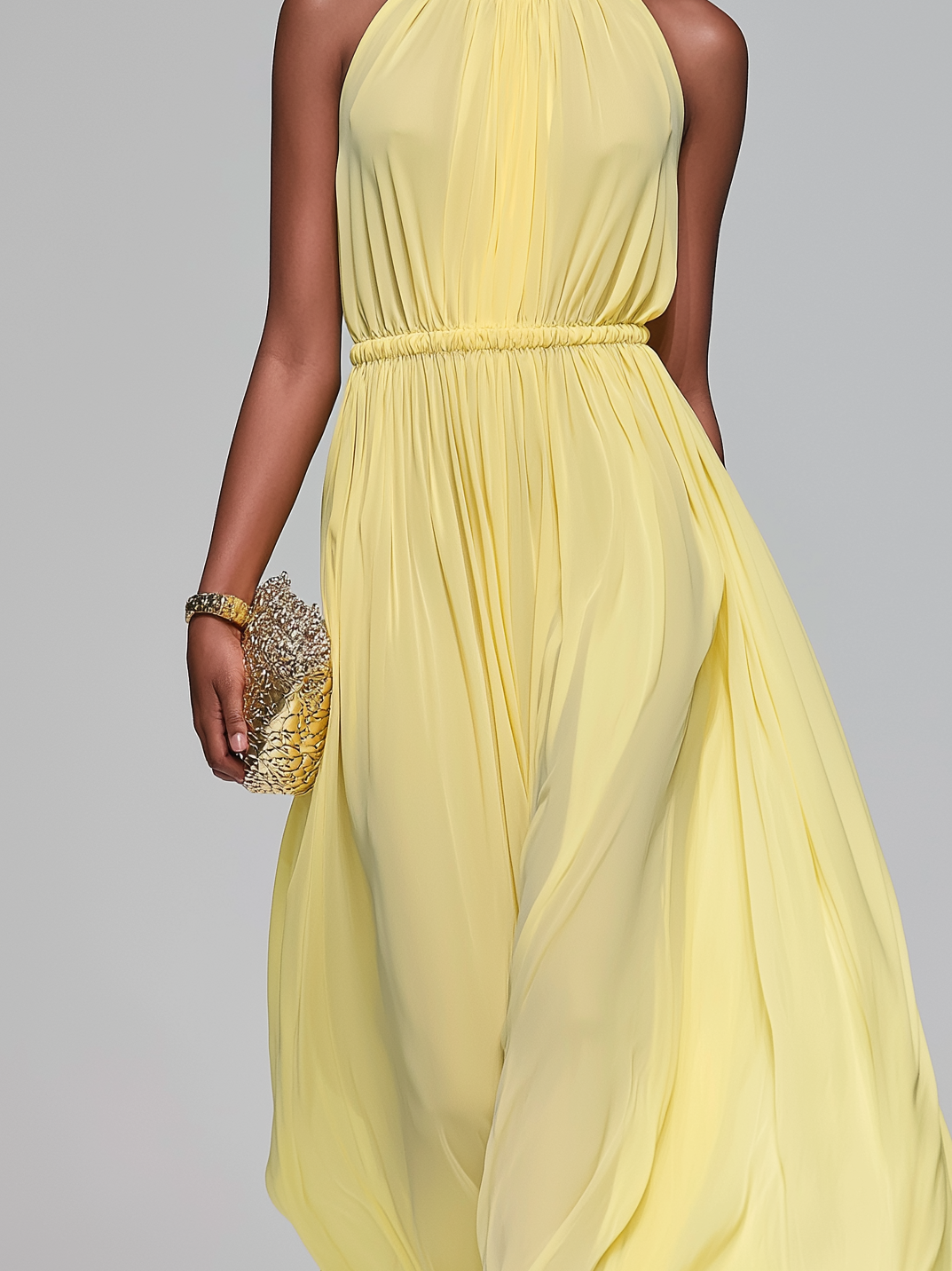 Elegant Light Yellow Chiffon Round Neck Sleeveless Long Dress For Women