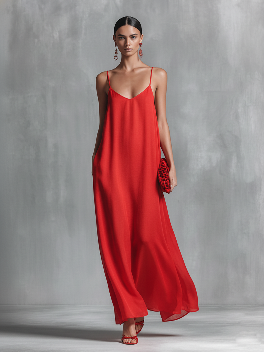 Vestido Maxi Feminino Vermelho Simples em Chiffon com Decote V e Alças Finas
