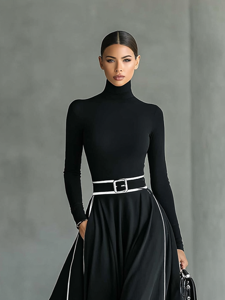 Robe maxi noire pour femme, coutures avec bordure blanche, col haut, manches longues, ceinture serrée