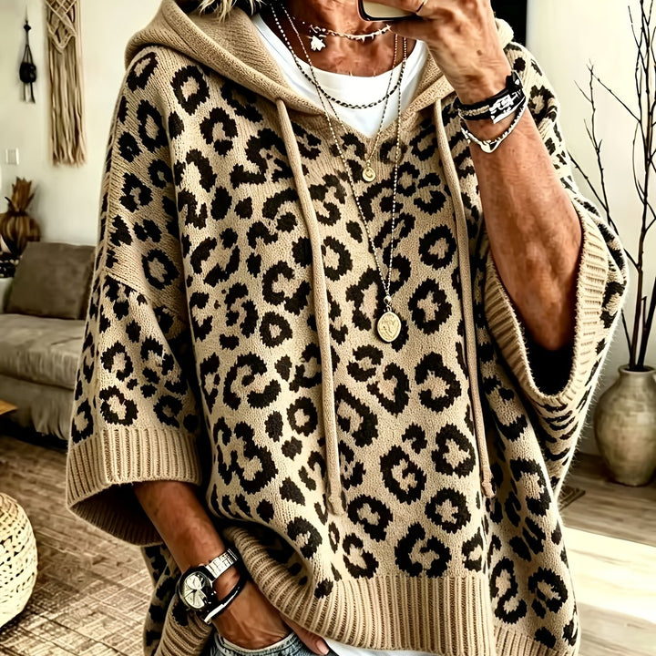 Comfortable Leopard Print Oversized Hoodie for Women with Hooded Neck Batwing Sleeve Drawstring Knit Style