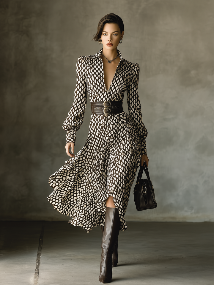 Women's Black And White Netted Chiffon Midi Dress (Without Belt)