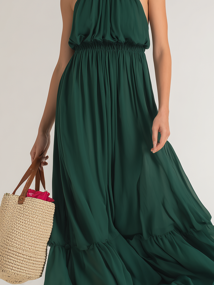 Dámské elegantní tmavě zelené šifónové dlouhé šaty bez rukávů s kulatým výstřihem
