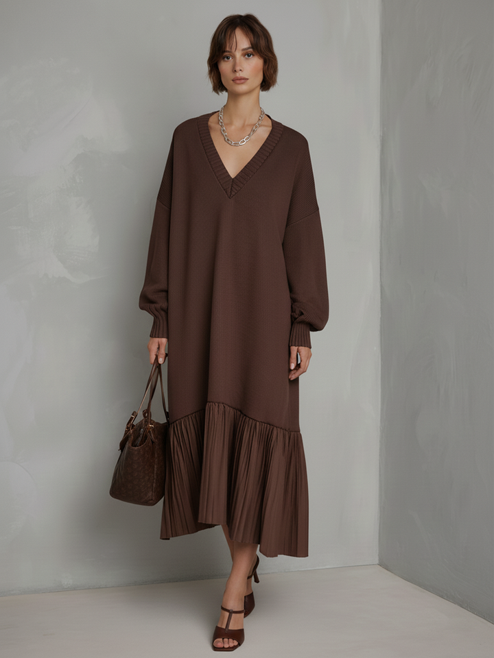 Women's Brown Ribbed Knit V-Neck Long Sleeve Pleated Hem Midi Dress