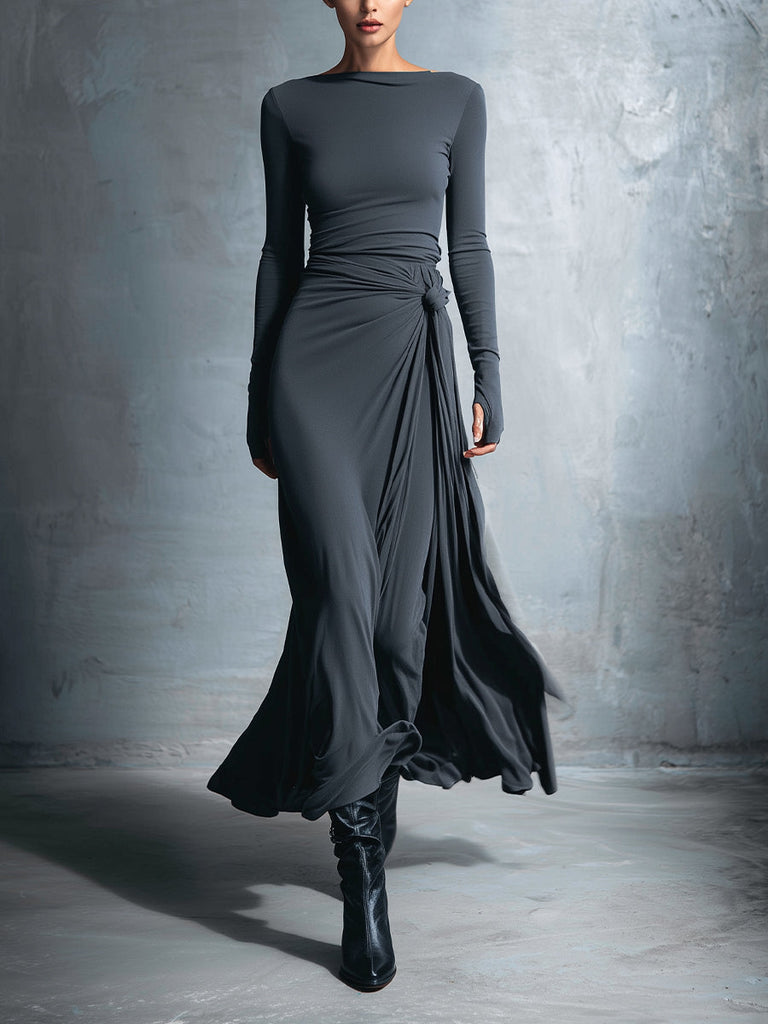 Damen Graues edles Stretch-Mischgewebe Wickelkleid - Verknotetes Maxikleid MDA1401H9I