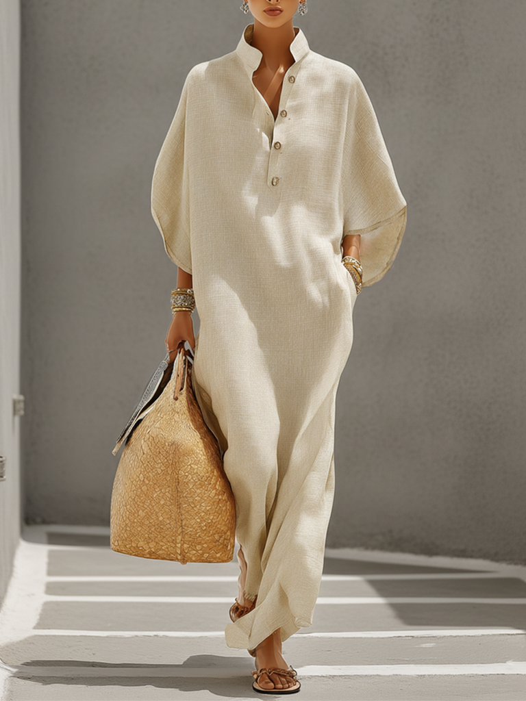 Oatmeal Linen Maxi Dress with Mandarin Collar