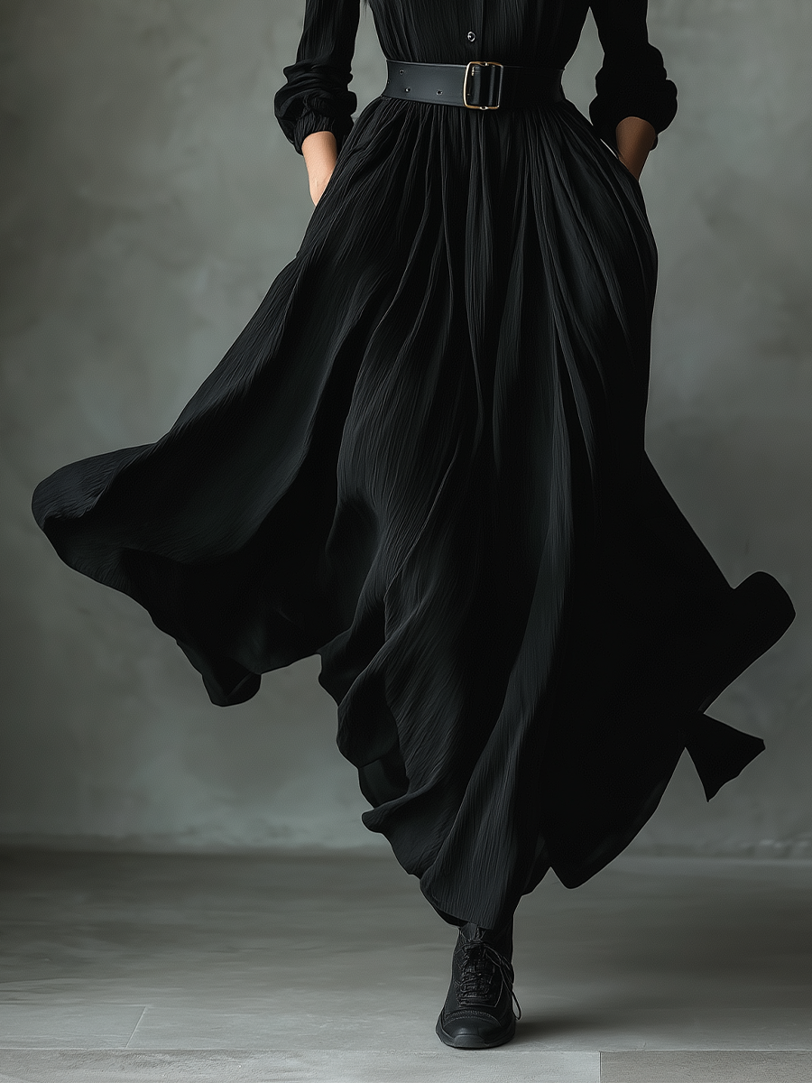 Vestido largo vintage plisado texturizado de mezcla de algodón negro para mujer