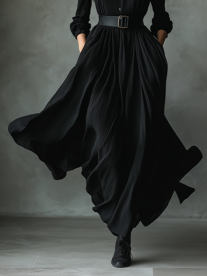 Vestido largo vintage plisado texturizado de mezcla de algodón negro para mujer
