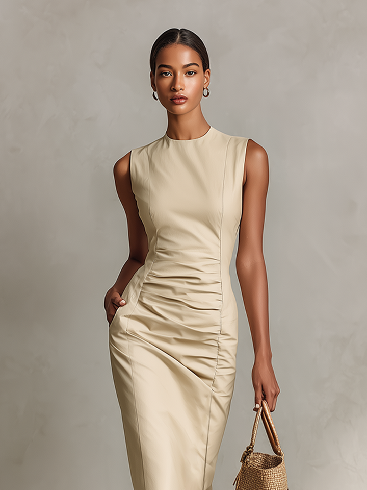 Women's Beige Textured Dress With Fitted Sheath Silhouette & Midi Length, Modern Office-Chic Style Dress