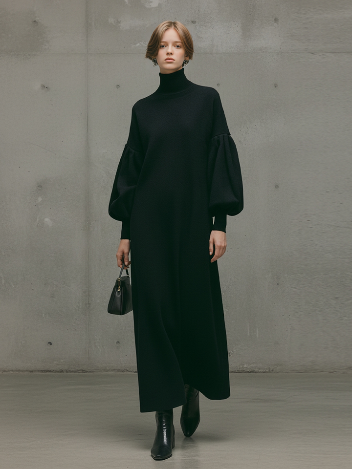 Damen modernes schwarzes Maxikleid mit Rollkragen und Puffärmeln im Sweatshirt-Stil