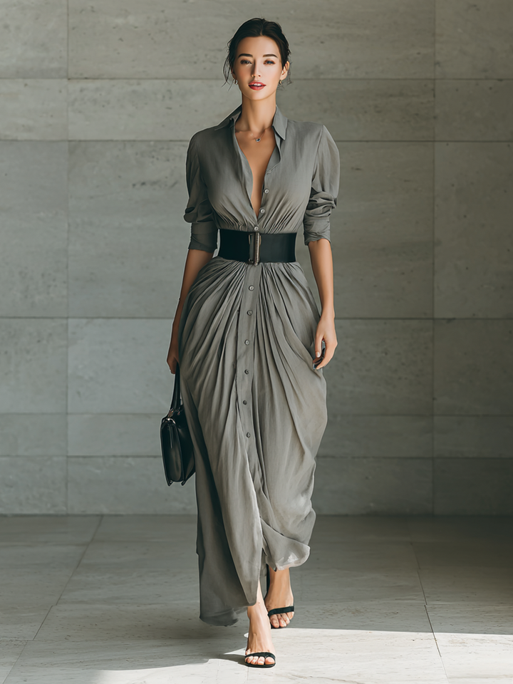 Vestido maxi para mujer con solapa, manga larga, abotonado y cinturón