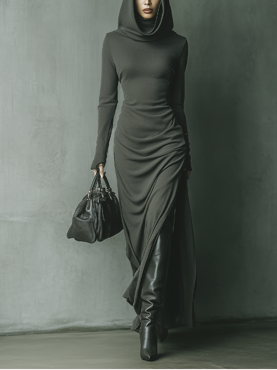 Damen Maxikleid in Dunkelgrau aus hoch elastischem Strick mit Kapuze