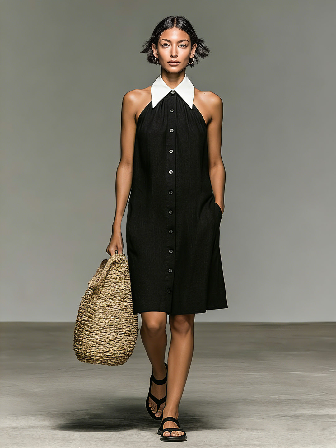 Vestido mini sin mangas con cuello y bloques de color de mezcla de lino minimalista para mujer