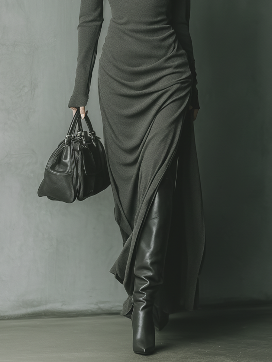 Women's Dark Grey High Elastic Knitted Hooded Maxi Dress