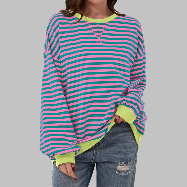 Comfortable Striped Sweatshirt for Women with Crew Neck Long Sleeve Contrast Trim Oversized Style