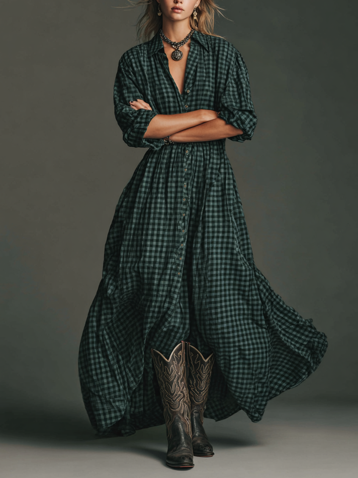 Vestido largo camisero de cuadros de manga larga para mujer
