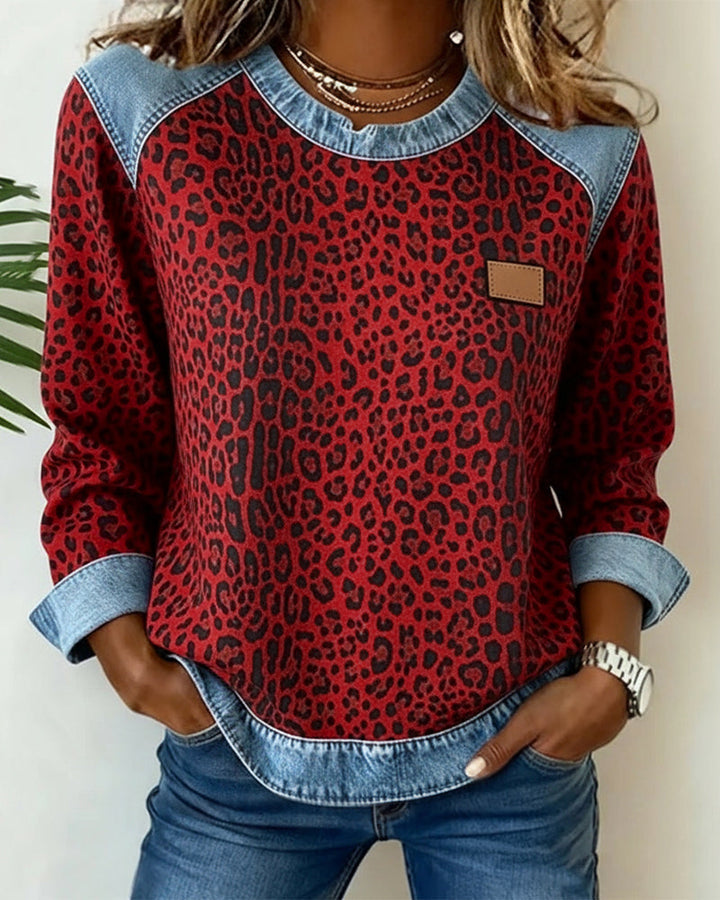 Comfortable Leopard Print Sweatshirt for Women with Crew Neck Long Sleeve Denim Colorblock Relaxed Style