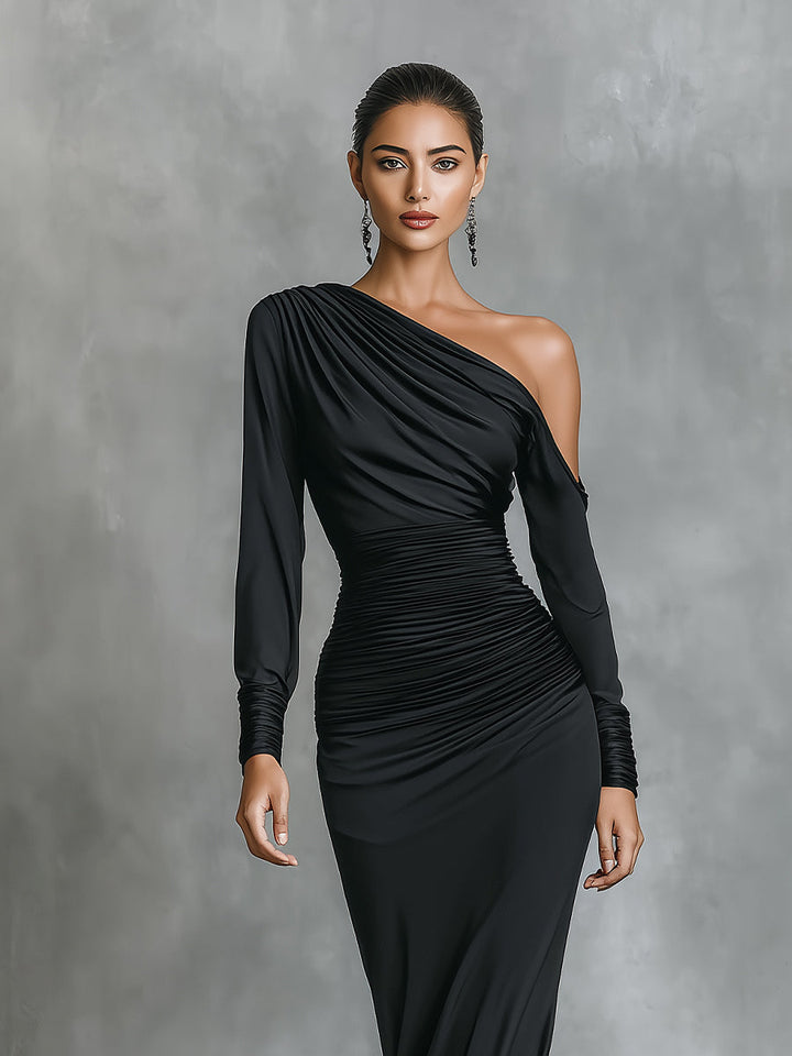 Vestido maxi de satén negro elegante con un solo hombro y fruncido estilo sirena para mujer