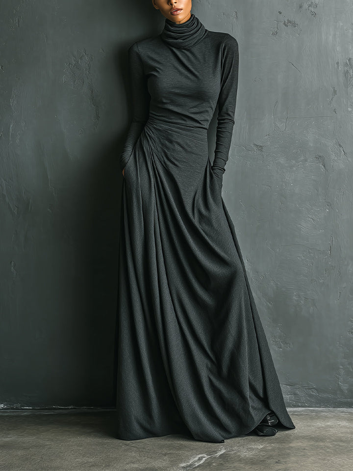 Robe maxi élégante en mélange polyester-coton stretch charbon à col roulé drapé pour femme