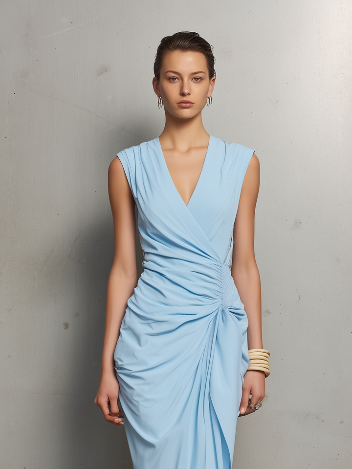Women's Elegant Light Blue Stretch Knit V-neck Sleeveless Midi Dress