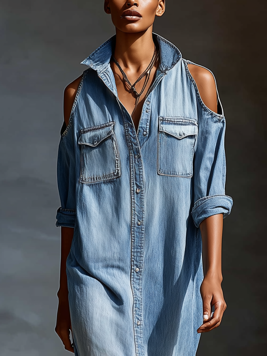 Women's Light Blue Denim Cold-Shoulder Shirt Dress With Chest Pockets