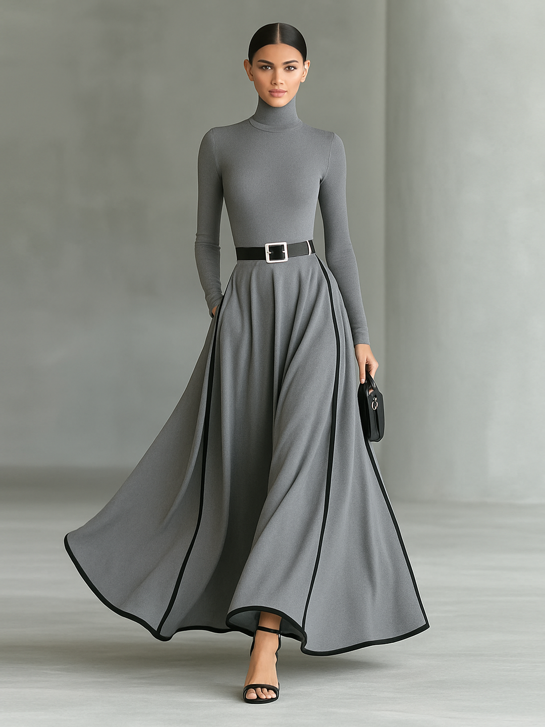 Robe maxi noire pour femme, coutures avec bordure blanche, col haut, manches longues, ceinture serrée