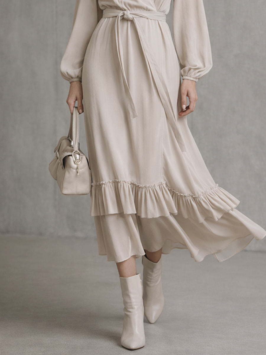 Damen Beiges Baumwollmisch-Midikleid mit langen Ärmeln, Rüschen und Wickeloptik