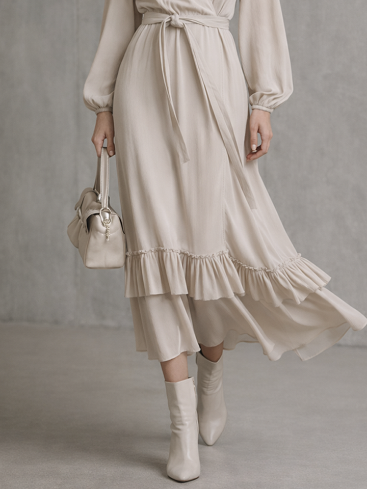 Damen Beiges Baumwollmisch-Midikleid mit langen Ärmeln, Rüschen und Wickeloptik