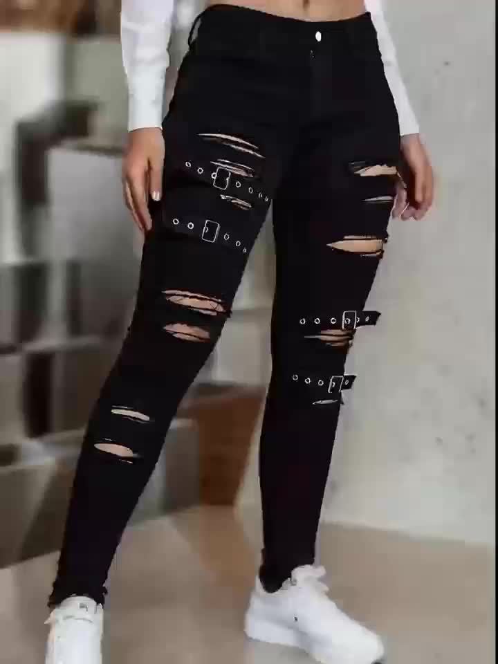 Stylish Black Distressed Buckle Jeans for Women with Buckle Strap Ripped Relaxed Style