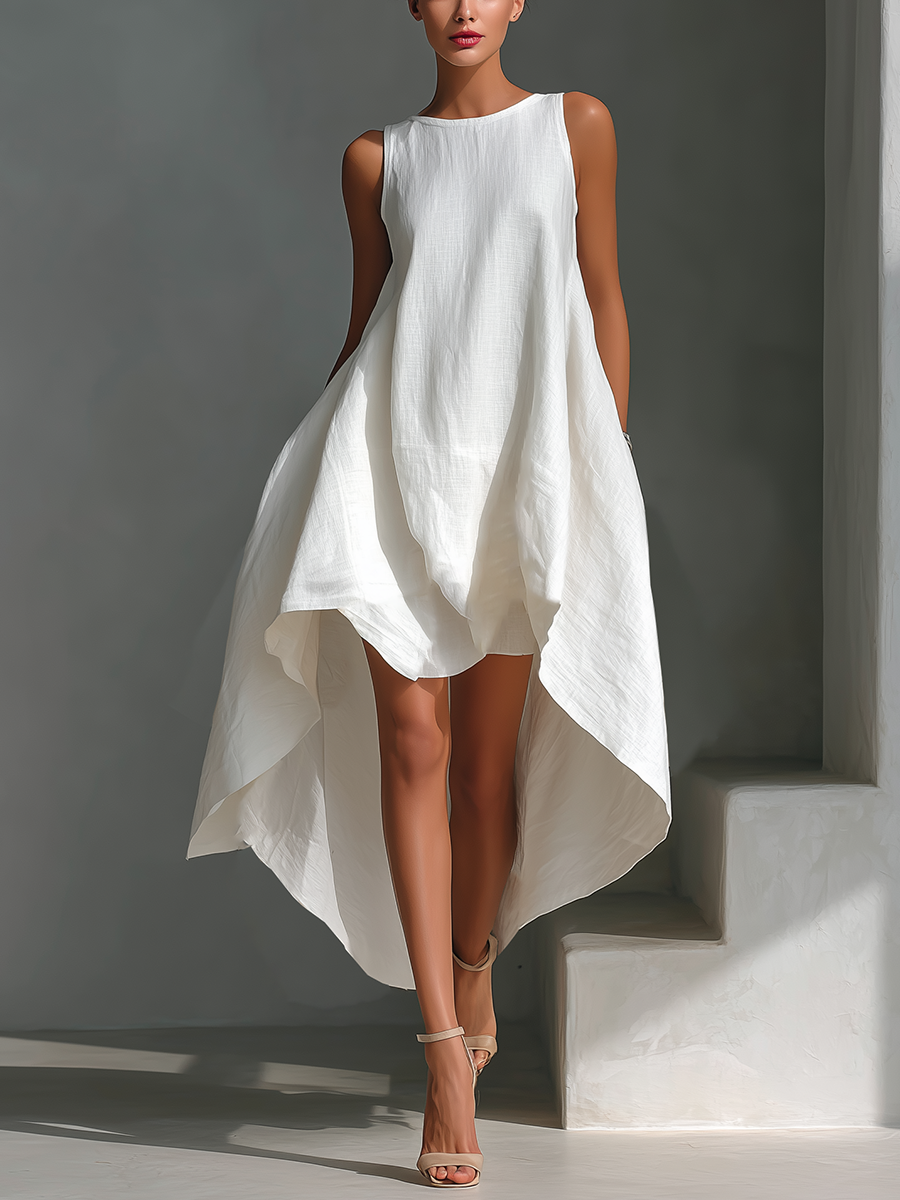 Weißes Damenkleid aus Leinenstoff, ärmellos, Midi-Länge mit Rundhalsausschnitt und asymmetrischem Saum