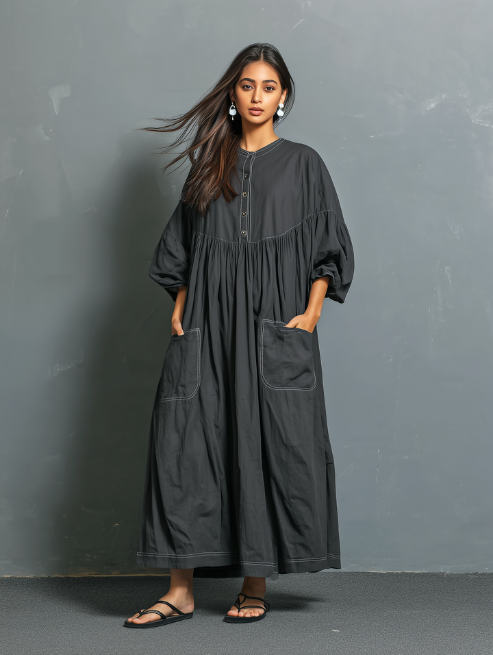Vestido largo suelto de manga media con cuello redondo tejido gris oscuro casual para mujer