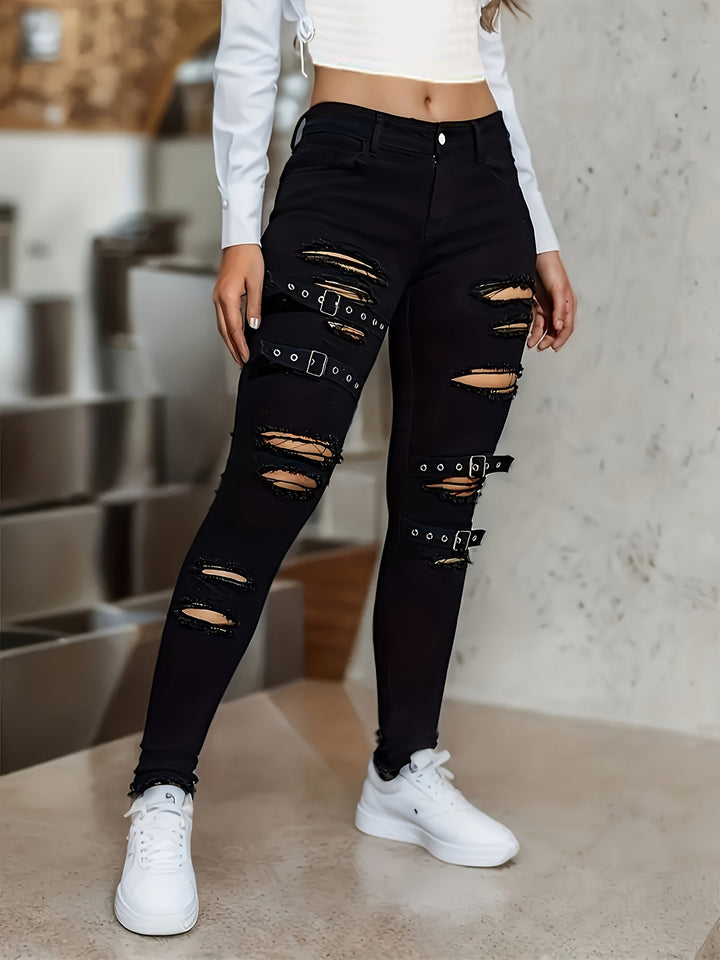 Stylish Black Distressed Buckle Jeans for Women with Buckle Strap Ripped Relaxed Style