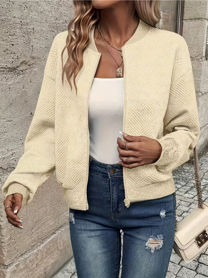 Effortless Quilted Bomber Jacket for Women with Crew Neck Long Sleeve Zip Front Cropped Casual Style