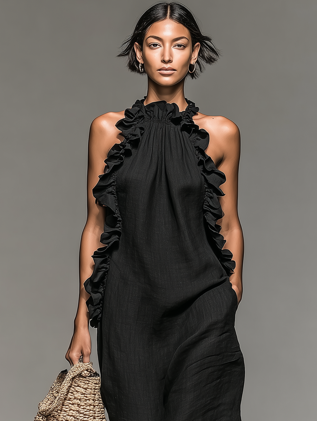 Vestido Maxi Feminino Minimalista Sem Mangas em Mistura de Linho com Detalhes de Babados MDZ1622A0Y