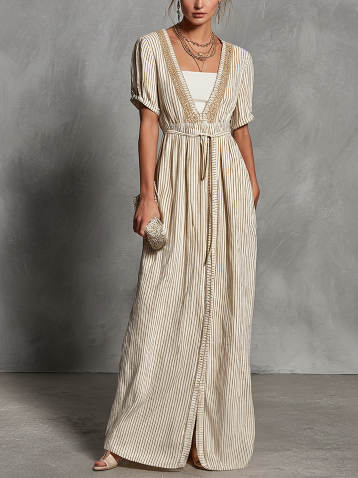 Vestido maxi de cuello en V y manga corta con diseño de dos piezas de imitación a rayas beige para mujer