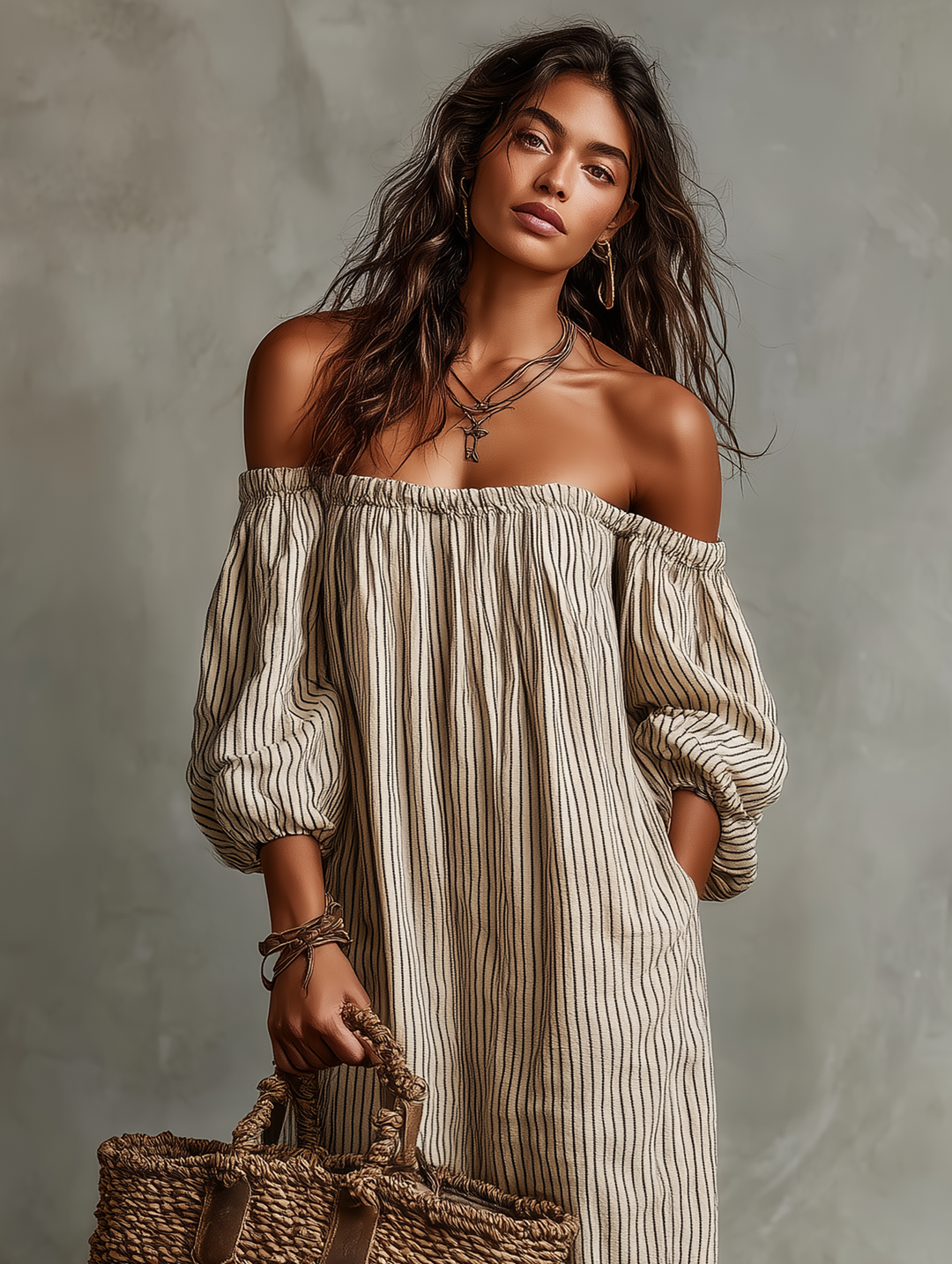 Vestido Feminino Longo de Algodão e Linho para Férias, Ombros à Mostra e Mangas Longas