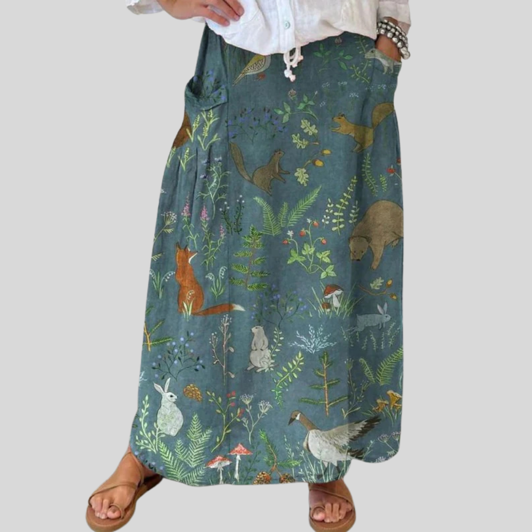 Damen Retro Blumen Tiere Kunst Lässiger Leinen Rock mit Taschen