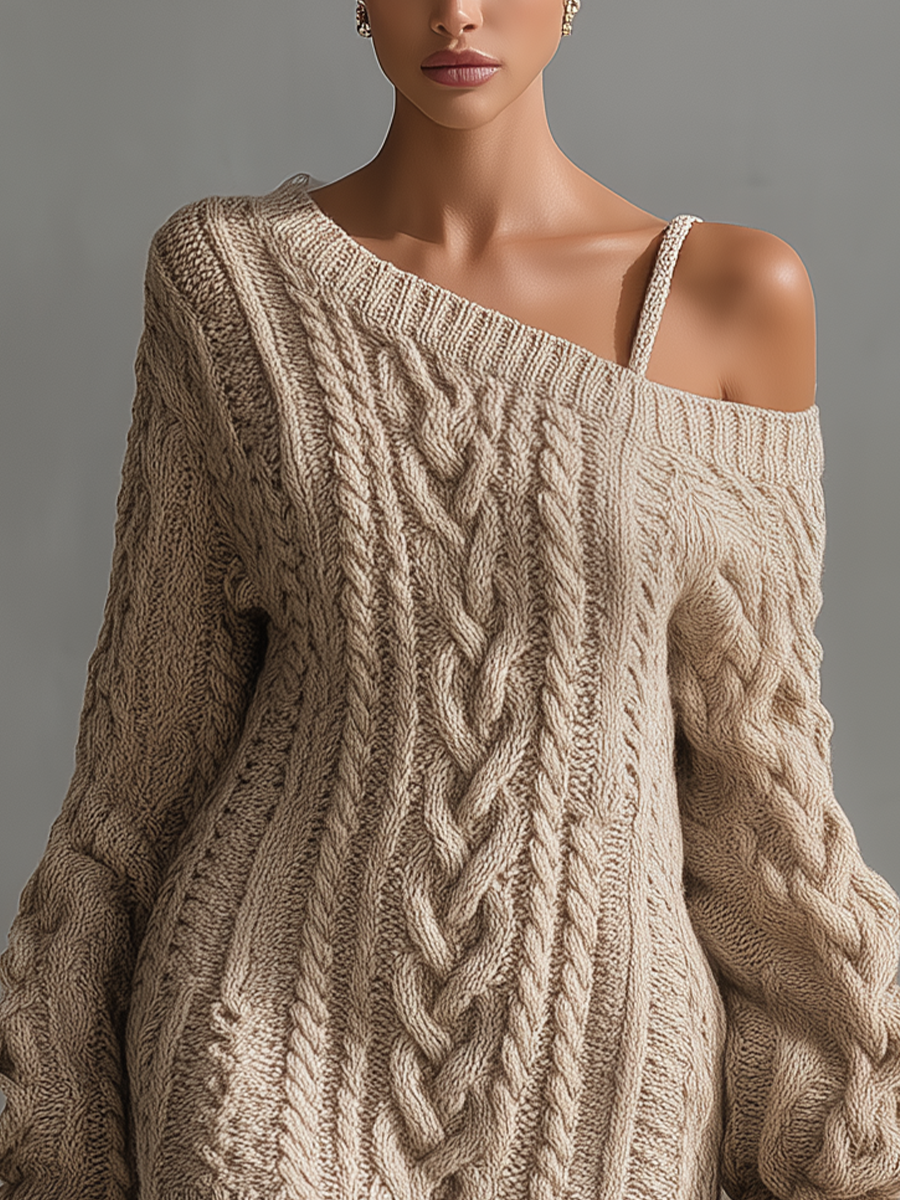Women's Beige Cable Knit Off-the-Shoulder Fashion Mini Dress